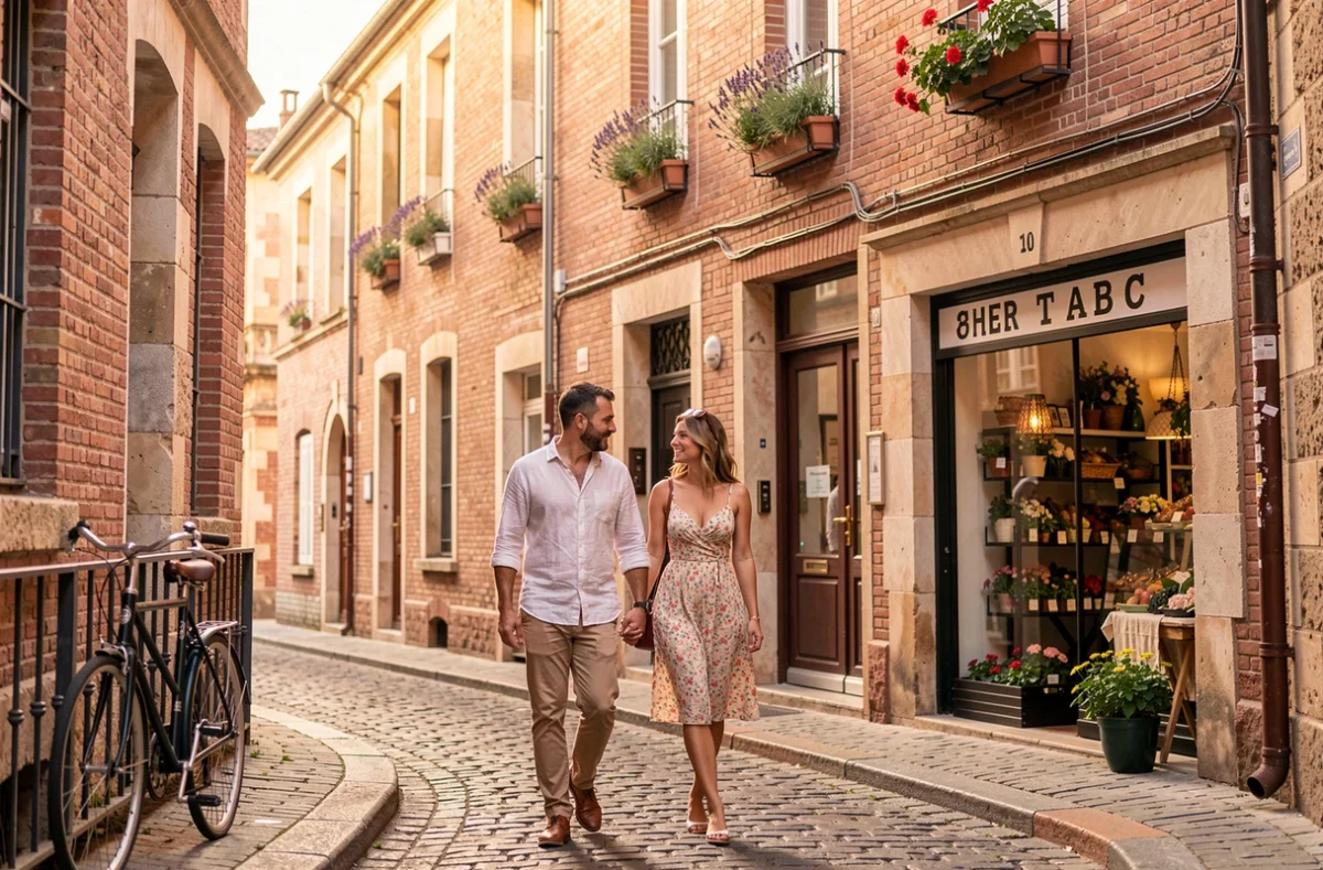 Couple se promenant dans une ruelle pavée du quartier des Carmes à Toulouse entourée de commerces et d'architecture en brique rose