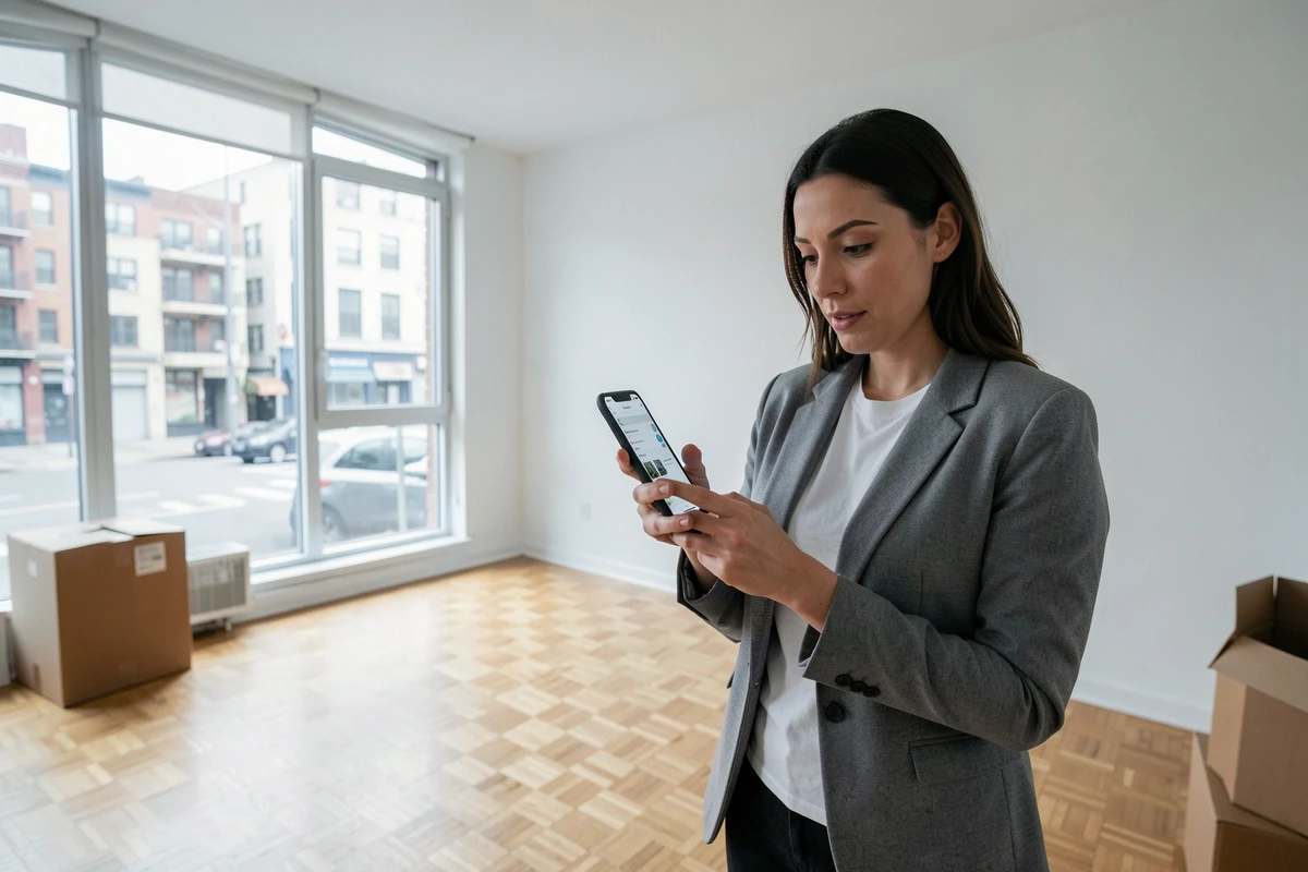 Propriétaire visitant un appartement vide et consultant une plateforme de location sur smartphone