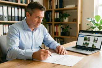 Propriétaire débutant qui examine un contrat de location à son bureau à domicile