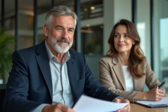 Propriétaire et locataire examinant les diagnostics obligatoires d'un bail commercial dans une agence immobilière moderne