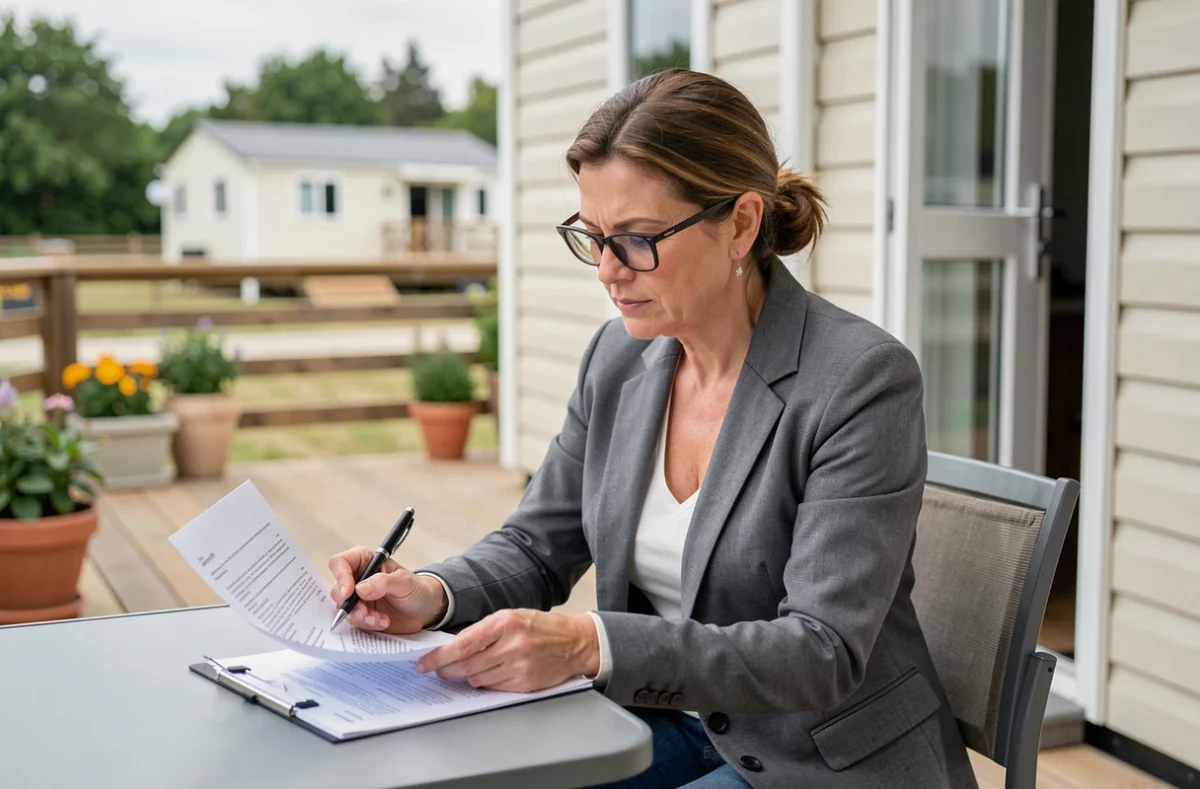 Propriétaire de mobil-home examinant un contrat de rachat assis en terrasse dans un camping