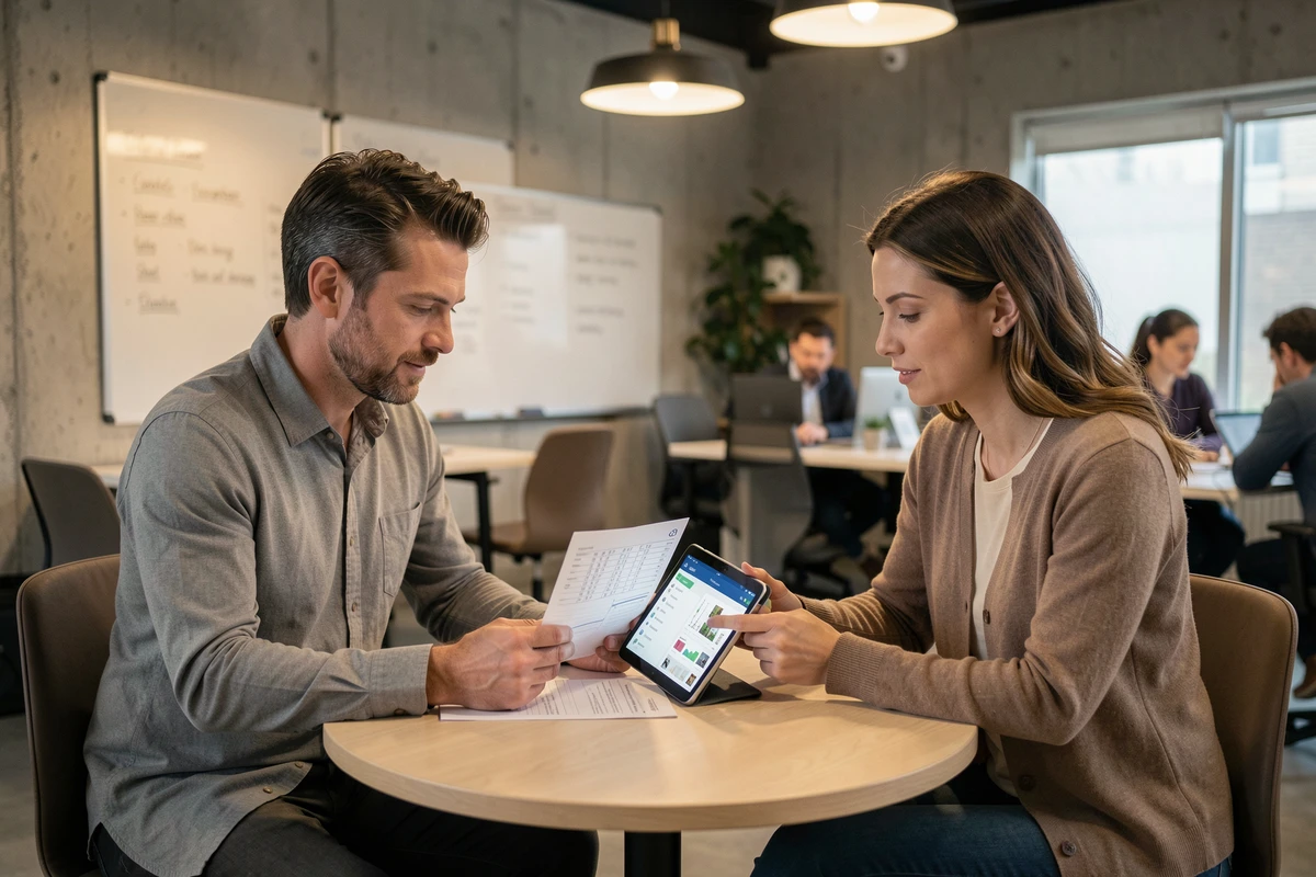 Deux propriétaires débutants qui analysent un tableau de bord de gestion locative en co-working