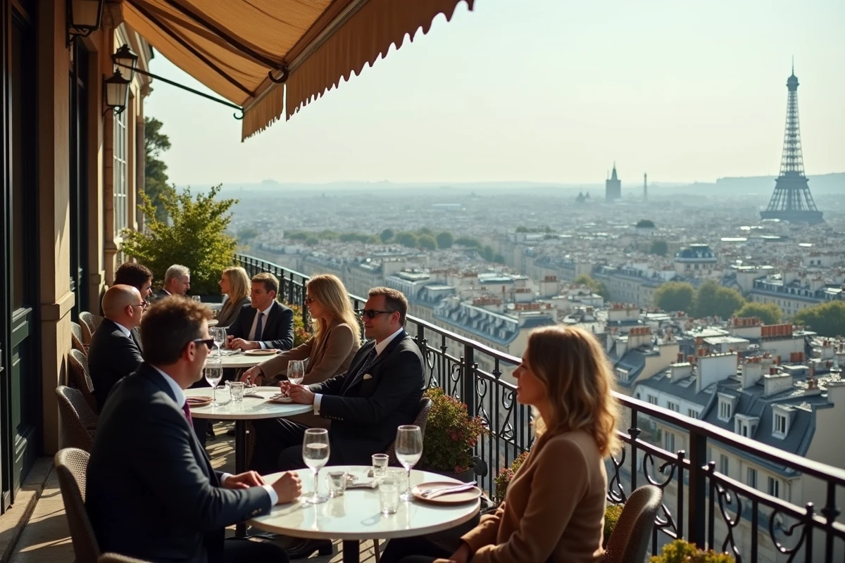 Vue panoramique depuis le Trocadéro sur les quartiers riches de Paris avec la Tour Eiffel en arrière-plan et une terrasse de café huppé au premier plan