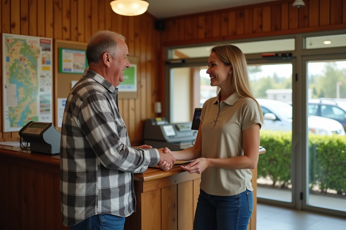Transaction commerciale pour le rachat d'un camping existant avec poignée de main entre acheteur et vendeur