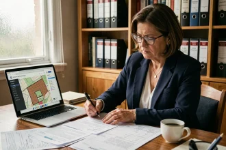 Femme consultant des documents cadastraux et registres fonciers pour identifier le propriétaire d'une maison