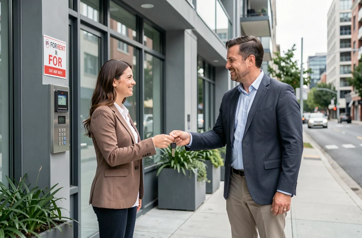 Remise de clés d'un logement temporaire à un salarié en mobilité professionnelle devant un immeuble moderne