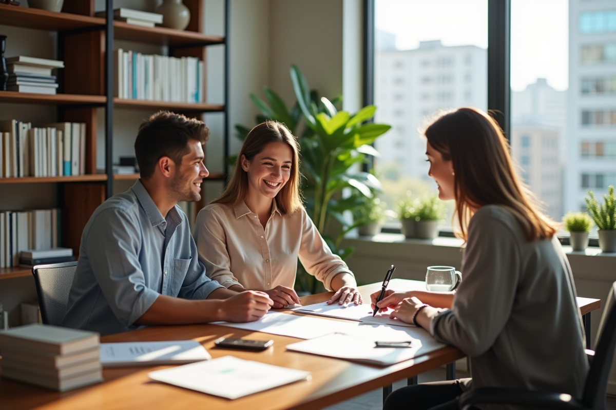 Jeune couple rencontrant un agent immobilier dans un bureau lumineux