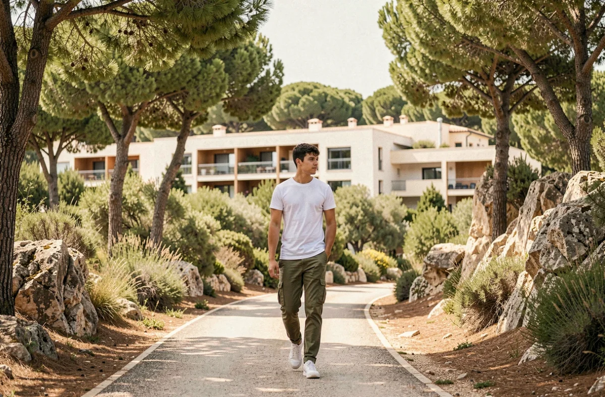 Étudiant sur le campus boisé de Luminy devant la résidence Crous Luminy à Marseille