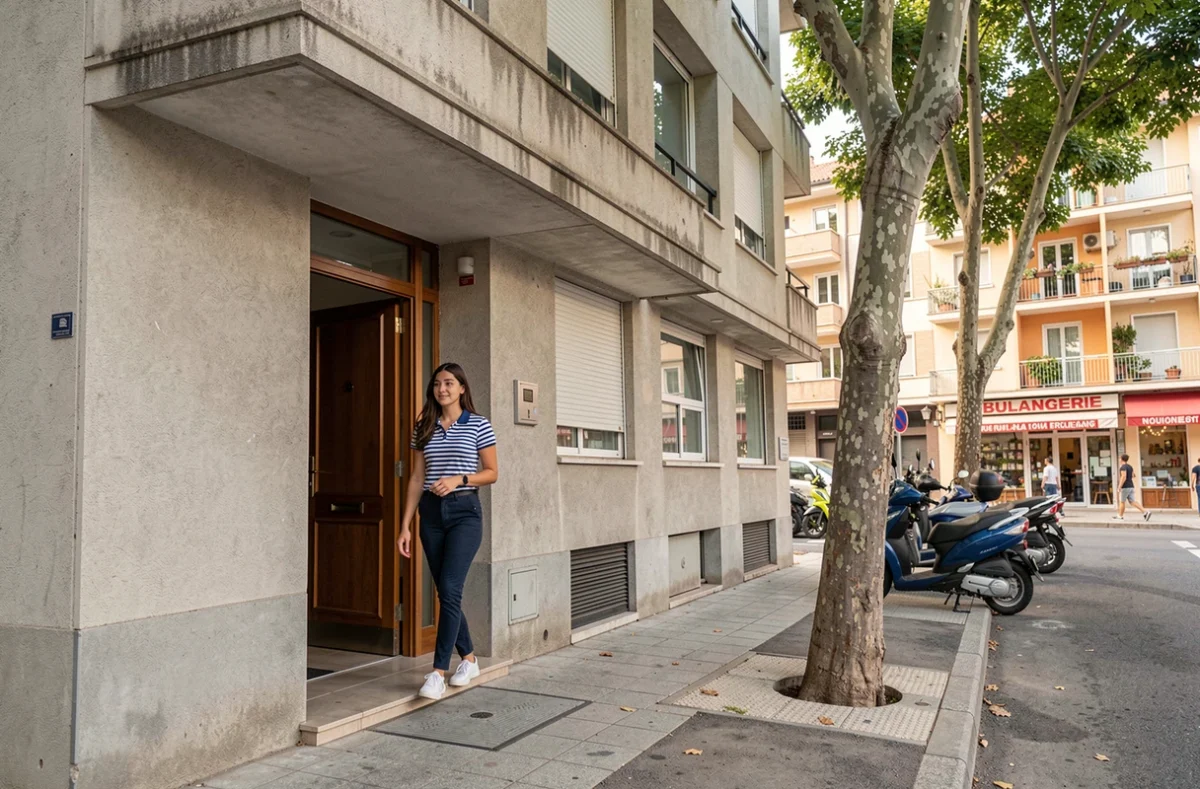 Étudiante sortant de la résidence Crous Trotabas à Nice avec façade moderniste et rue niçoise