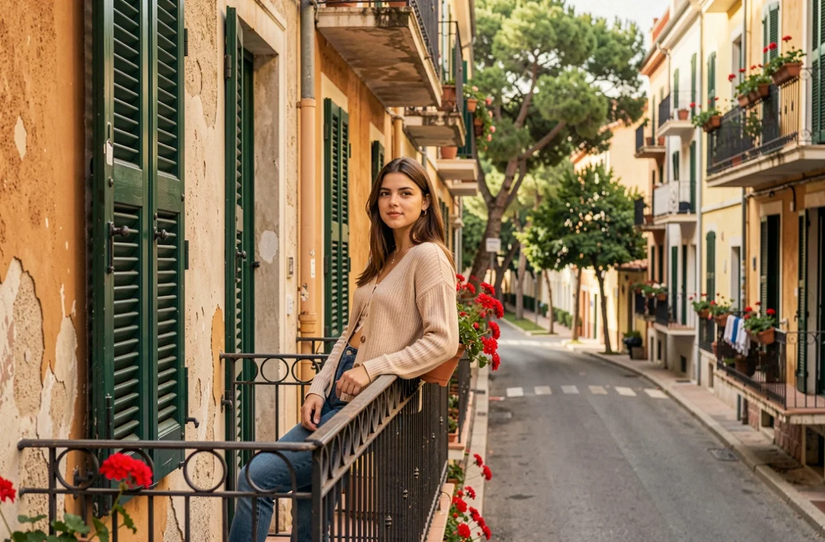 Étudiante sur le balcon de la résidence Ségurane à Nice avec façade méditerranéenne traditionnelle