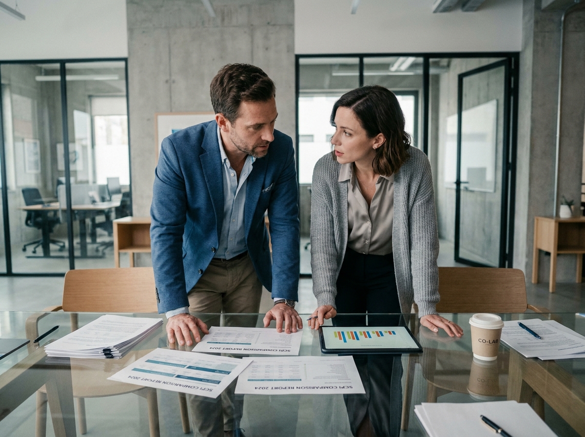 Deux collègues comparant des rapports de SCPI sur une table en verre dans un espace de co-working
