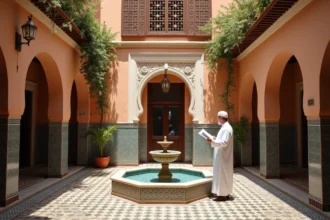 Patio intérieur d'un riad traditionnel à vendre dans la médina de Marrakech avec fontaine en zellige et arche en stuc
