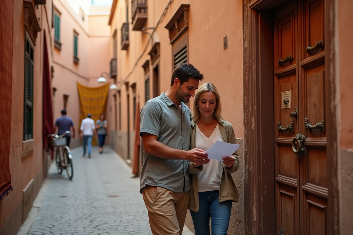 Couple visitant une maison à vendre dans une ruelle de la médina historique de Marrakech avec porte en cèdre sculpté
