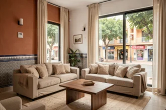Salon lumineux d'un appartement moderne à vendre à Marrakech Guéliz avec vue sur rue commerçante