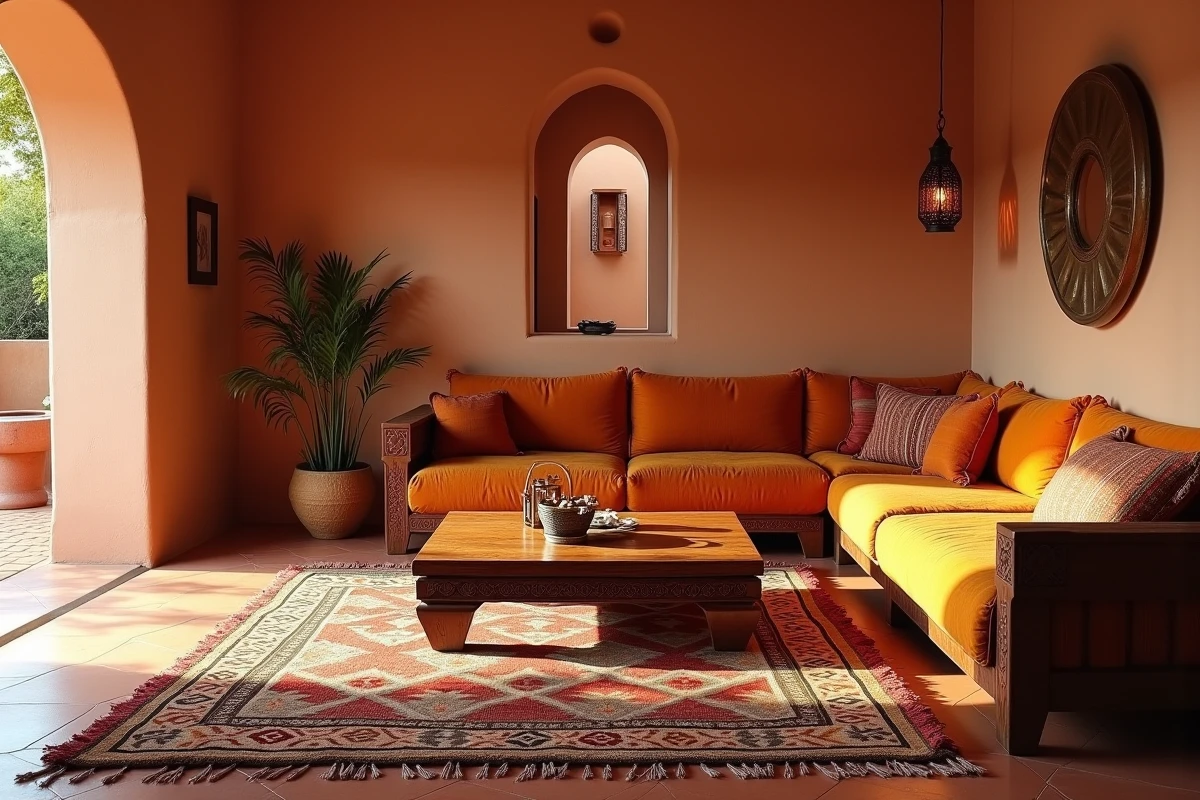 Salon marocain typique d'une petite villa pas chère à Marrakech avec décoration artisanale berbère