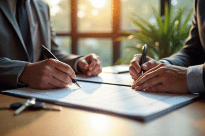 Deux professionnels signent un contrat immobilier en lumière naturelle