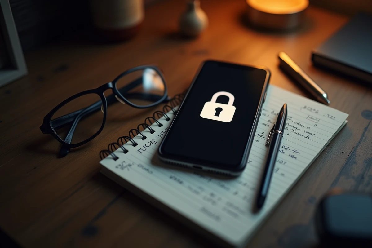 Gros plan d'un smartphone affichant une icône de cadenas posé sur un bureau avec un carnet de notes, symbolisant la sécurité et la confidentialité des données personnelles