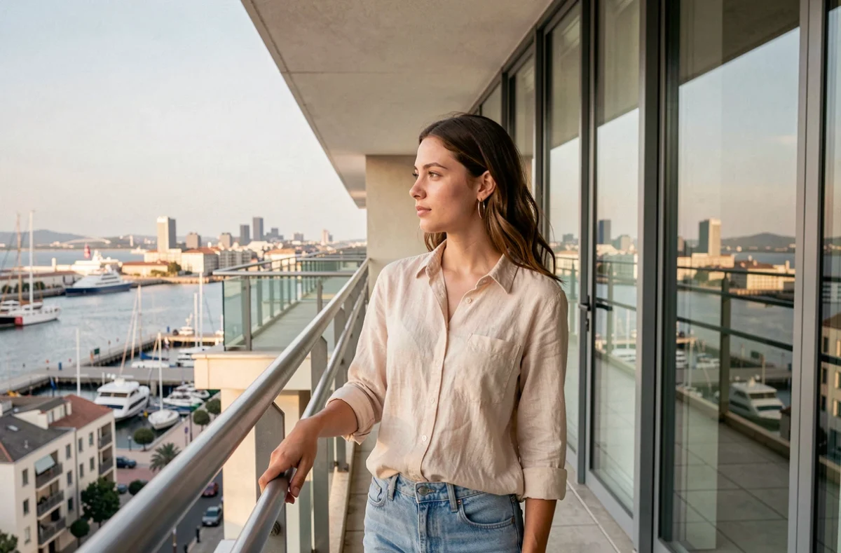 Étudiante sur le balcon de la résidence Studéa Euroméditerranée à Marseille avec vue sur le quartier urbain