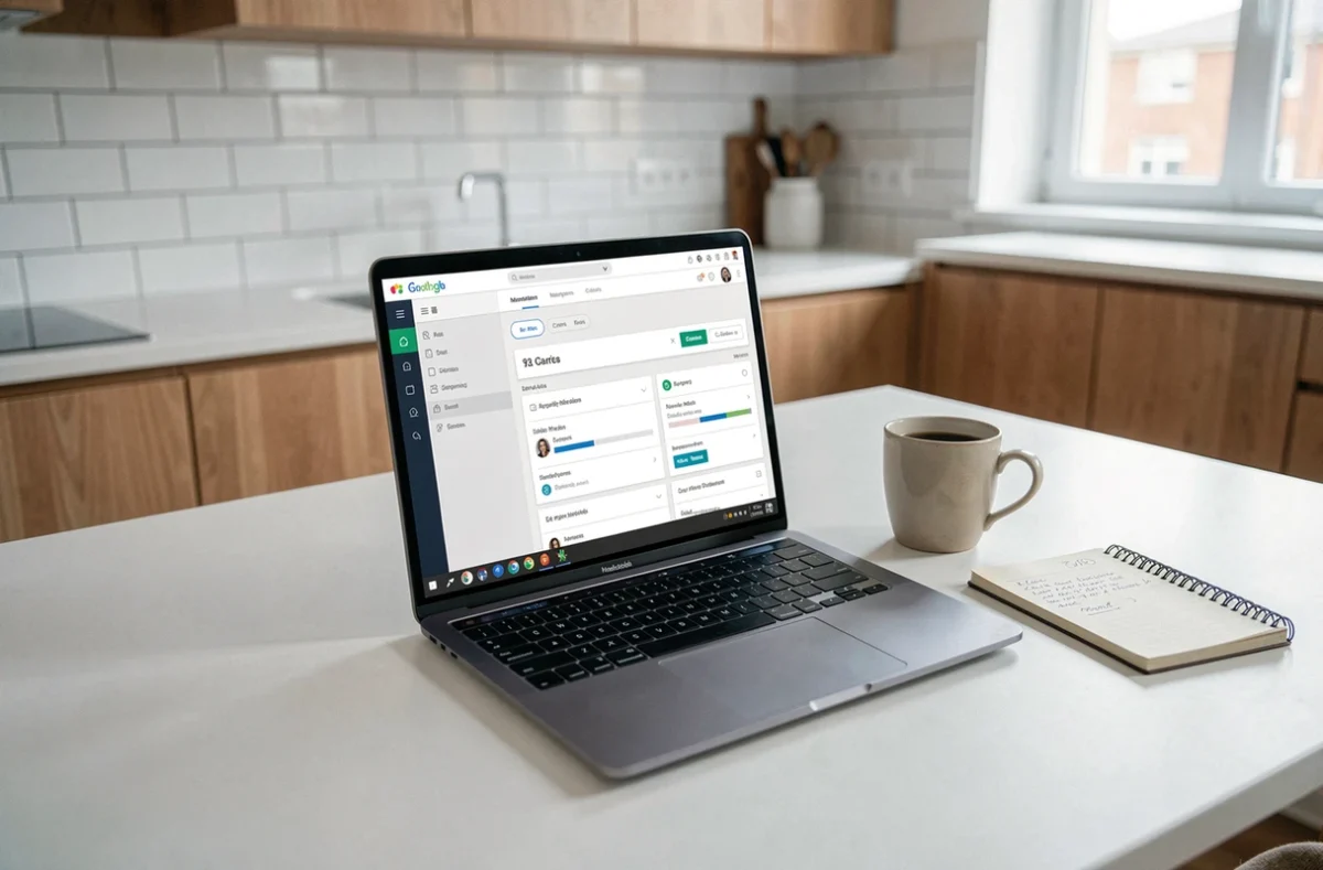 Ordinateur portable affichant un espace client de gestion immobilière Foncia sur une table de cuisine avec carnet de notes