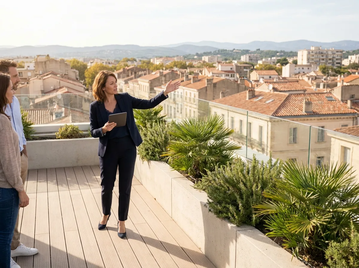 Terrasse d'un immeuble neuf à Montpellier avec vue panoramique sur la ville et agent immobilier