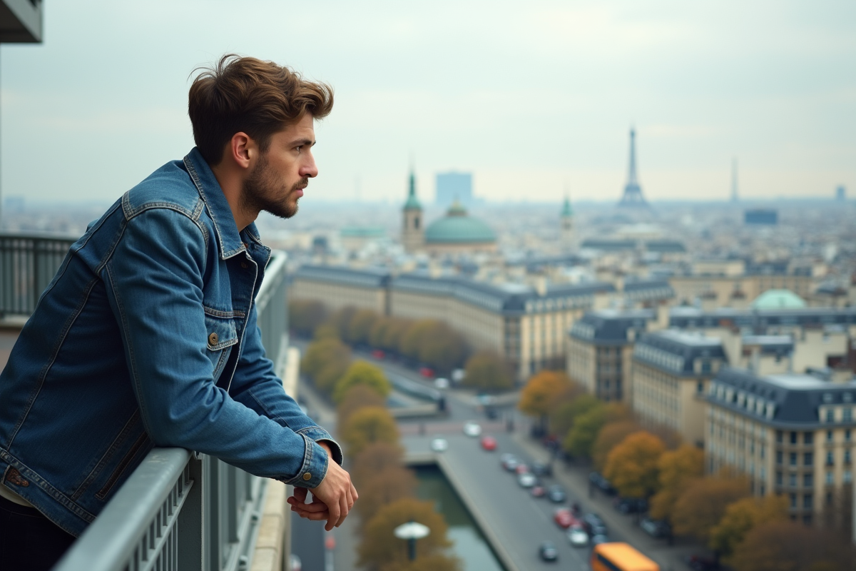 Jeune homme regarde la ville de Paris depuis une terrasse