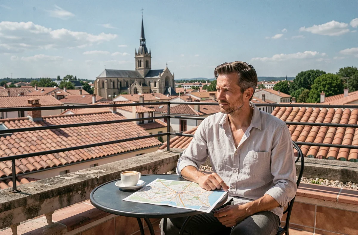 Homme installé sur une terrasse à Toulouse avec vue panoramique sur les toits en tuiles roses du quartier des Carmes
