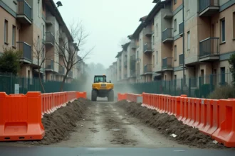 Chantier de travaux de voirie dans un quartier résidentiel de Champs-sur-Marne avec barrières de sécurité et engins de chantier