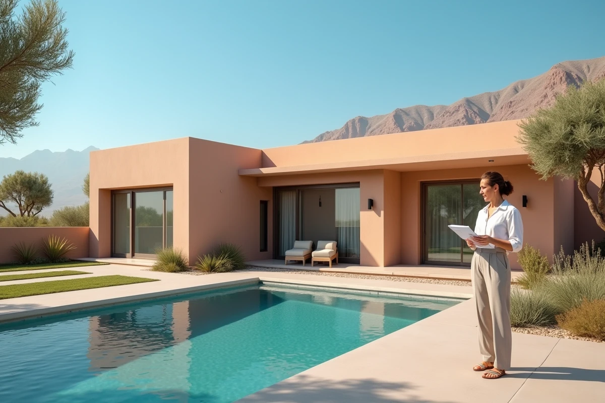 Villa moderne avec piscine à vendre en dehors de la médina de Marrakech avec vue sur les montagnes de l'Atlas