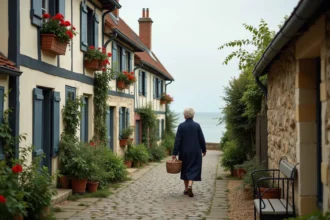Rue pittoresque d'un village normand en bord de mer avec maisons à colombages et vue sur la Manche