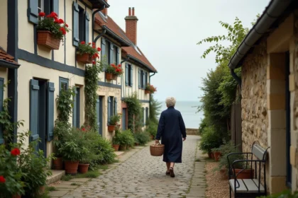Rue pittoresque d'un village normand en bord de mer avec maisons à colombages et vue sur la Manche