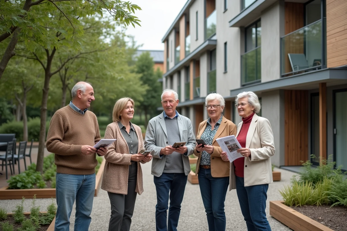 Groupe de personnes visitant un immeuble d'habitat participatif avec jardin partagé